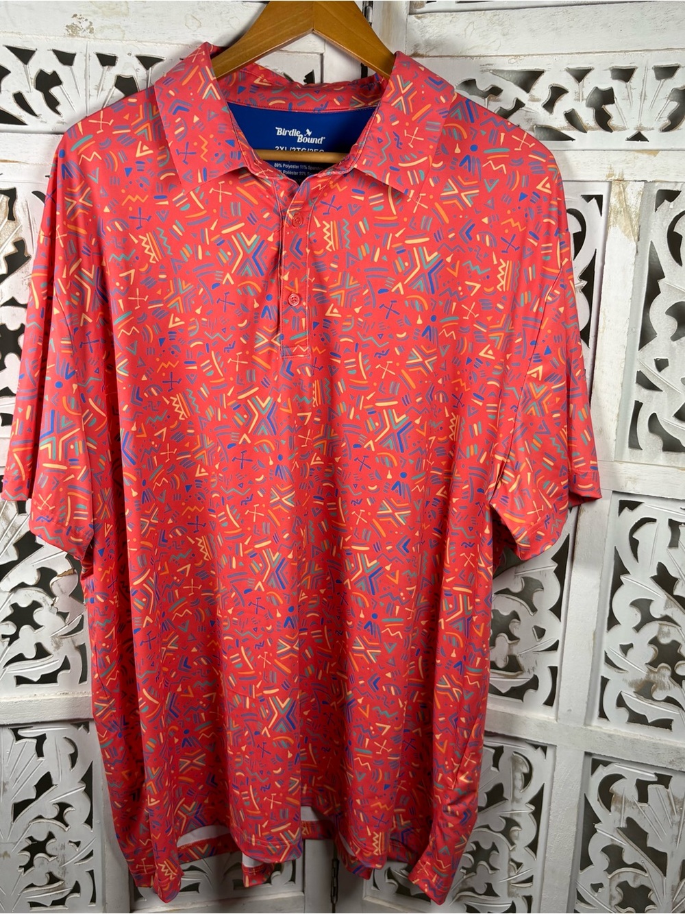 Birdie Bound Men’s Golf Polo Colorful Print Geometric Performance Polo SZ XXL